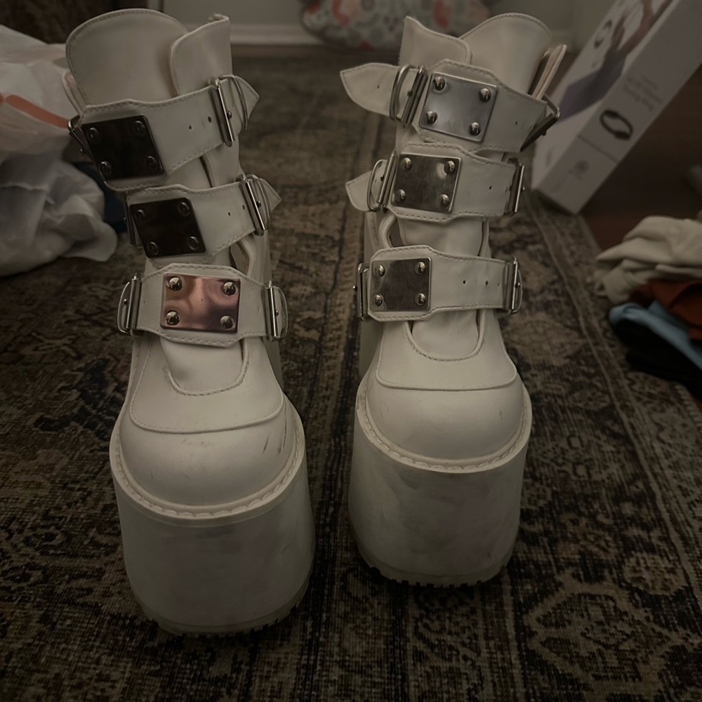 Demonia White Platform Buckle Boots